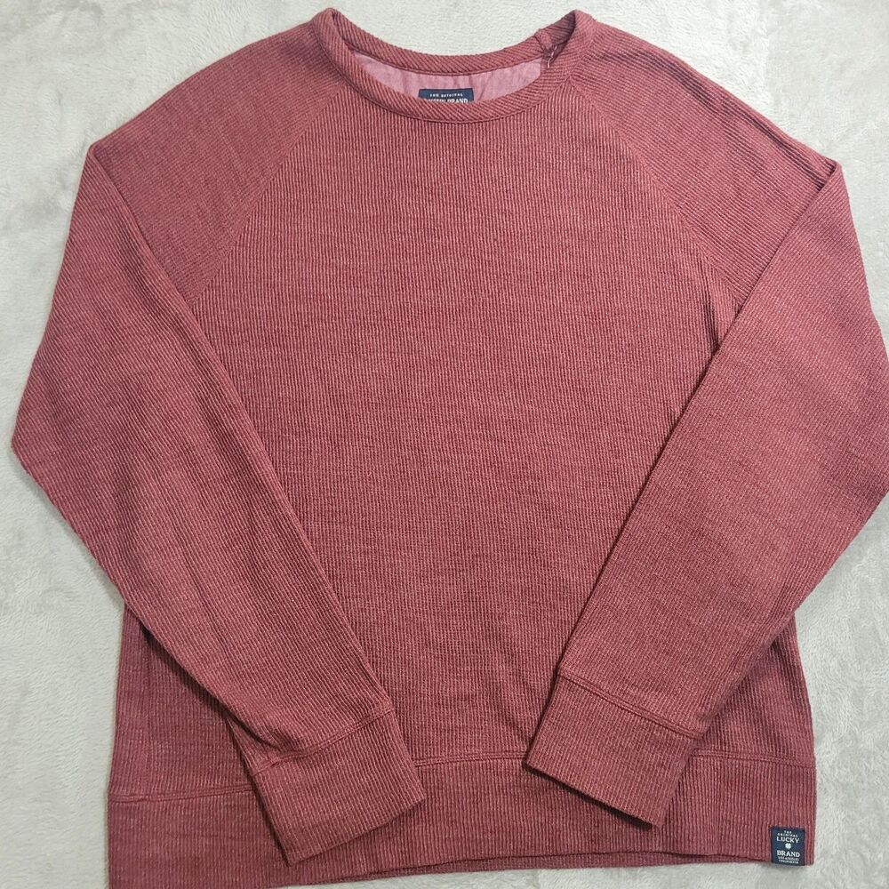 Lucky Brand Sweater Mens Large Red Waffle Knit Thermal Long Sleeve Crew Neck